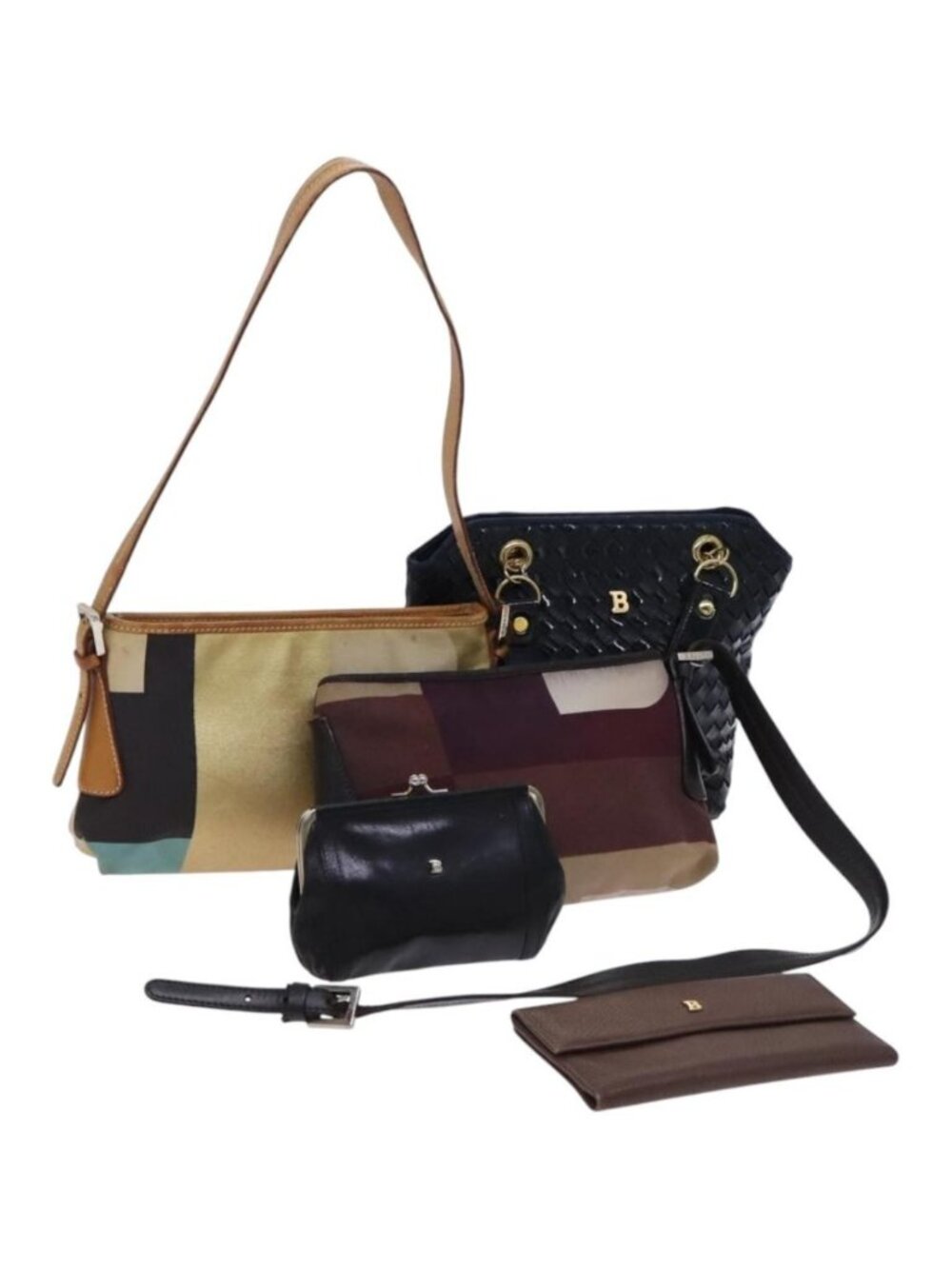BALLY Shoulder Bag Canvas Leather 5 Set Beige Brown Navy